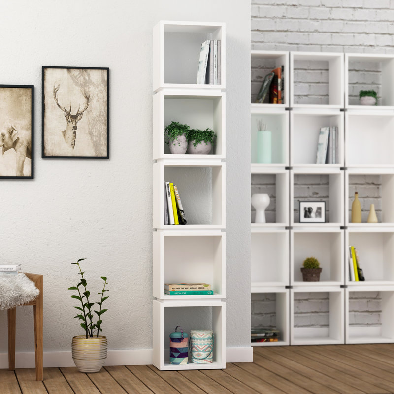 Channelle Freestanding 5-Tier Narrow Bookcase with Modern Design, White