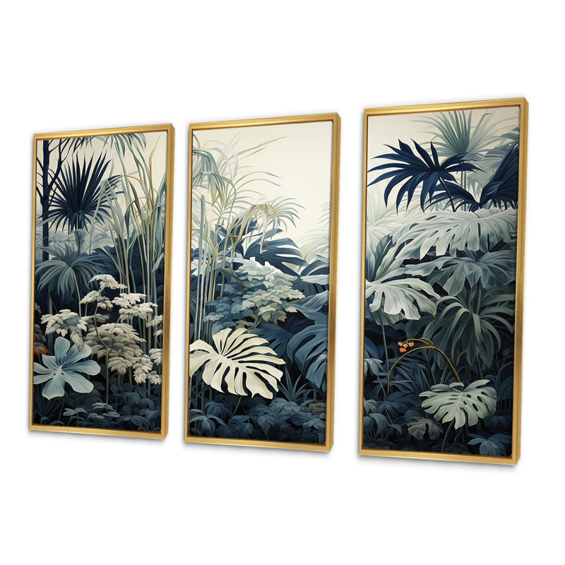 Ensemble de décorations murales blanches et bleues Jungle Expression, Cadre flottant doré, H 40 po x l 60 po x P 1 po