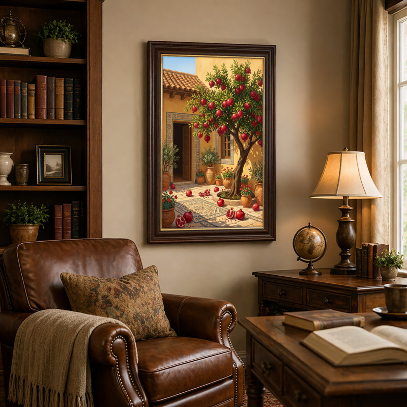 Art mural antique sur toile encadré doré pour le salon, la chambre à coucher, le bureau ou le vestibule - Décoration murale décorative avec jardin méditerranéen