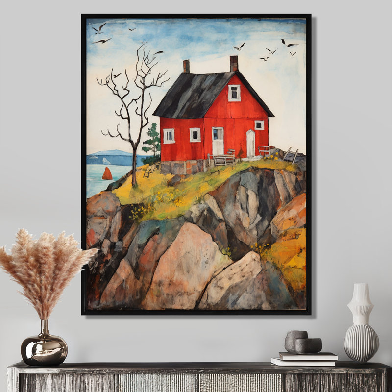 Maison rustique rouge voilier sur horizon - plage et océan, art mural, Toile avec cadre flottant noir