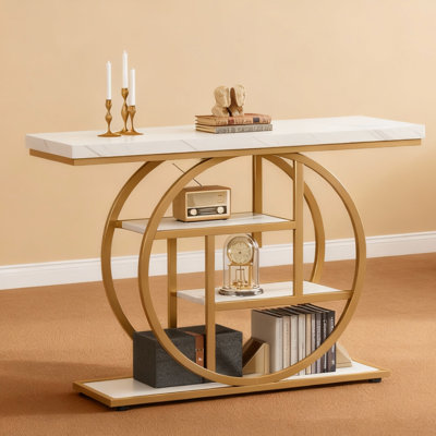 41.34" Rustic Wood & Metal Console Table, 4-Tier Circle Base Sofa Table with Open Storage, Industrial Farmhouse Entryway Accent Table