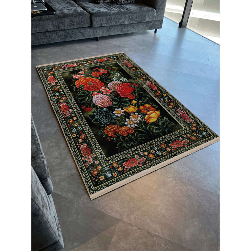 Tapis décoratif frangé multicolore à motif de feuilles et de roses, Tapis de couloir 3 pi 3,37 po x 6 pi 6,74 po