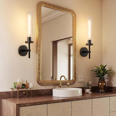 Ensemble de 2 appliques murales modernes, luminaires de salle de bain câblés noirs et dorés avec abat-jour en verre transparent, éclairage industriel pour salle de bain, chambre à coucher, salon et couloir