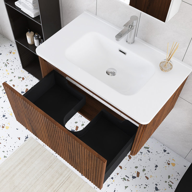 30" Wall Mounted Single Bathroom Vanity With White Ceramic Top, Brown