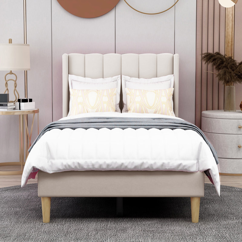 Lit plateforme tapissier avec tête de lit à oreilles Eriksay, Simple, Nouveau velours beige