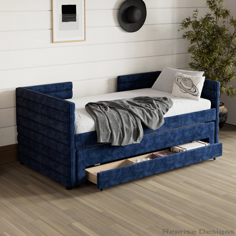 Space-Saving Chenille Upholstered Daybed with Trundle and 3 Storage Drawers, Dark Blue