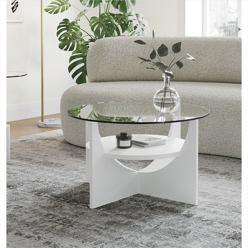 Table basse avec plateau rond en verre trempé et tablette inférieure, base en bois massif blanc doux, décoration circulaire de salon de 31,5 pouces