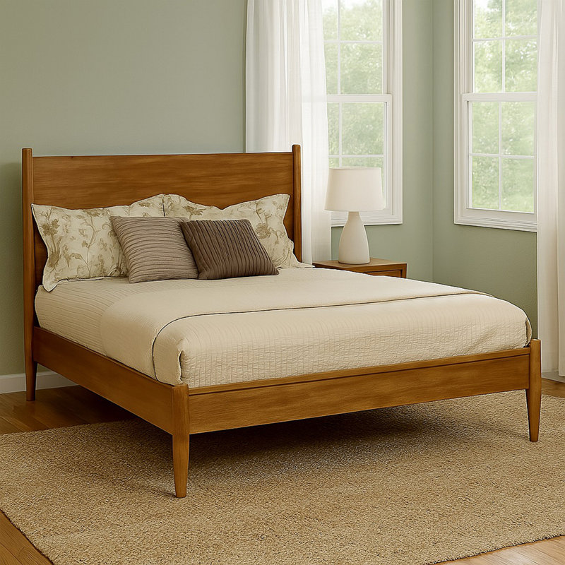 Lit plateforme Mid-Century, Lit double, Chêne