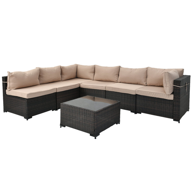 Forksville Wicker 6 - Person Modular Patio Conversation Set with Cushions, Beige Cushion/Brown Frame
