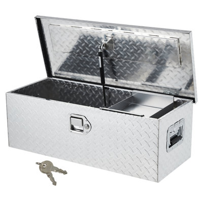 Heavy Duty Aluminum Truck Bed Tool Box – Sliding Shelf, Security Lock, Stainless Handles, Weatherproof Diamond Plate – Fits Pickup, RV, Trailer – 10x13x30 in, 1 Gas Rod, 1 Sliding Box