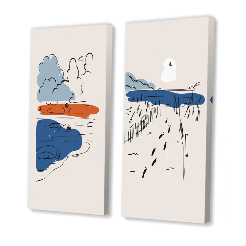 «Blue and Orange Retro Landscape I», ensemble de 2 peintures, Toile tendue, H 20 po x l 24 po x P 1 po