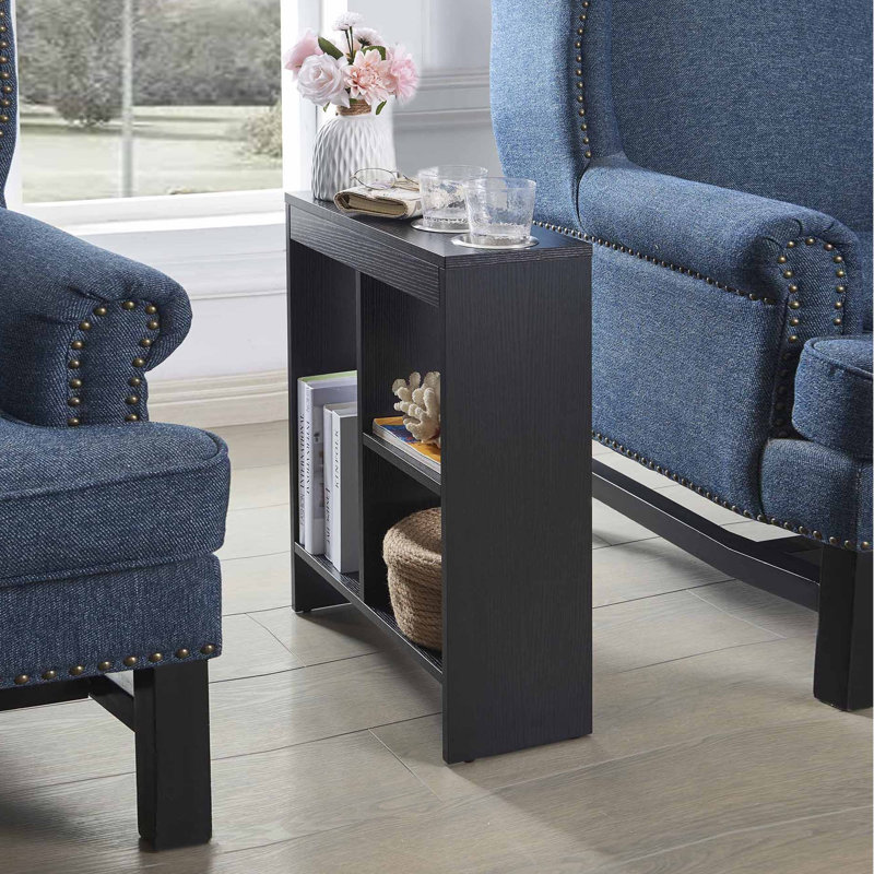 Narrow Side Table with 2 Cup Holders and 3 Shelves, Slim End Table for Small Spaces - Black, Black