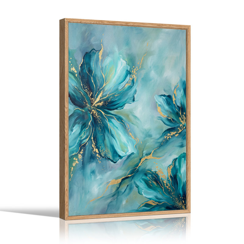 Toile abstraite sarcelle, fleurs avec veines dorées, art mural, H 24 po x l 18 po