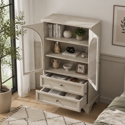 52.17"H Glass Door Display Case Storage Cabinet With 2 Drawers And Adjustable Shelf