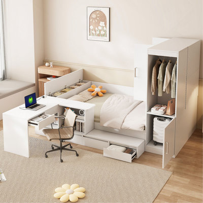 Lit plateforme double en bois avec 6 tiroirs, tablettes, bureau et garde-robe