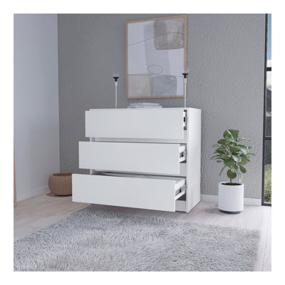 Commode 3 tiroirs Avra, plateau en bois manufacturé et commode avant