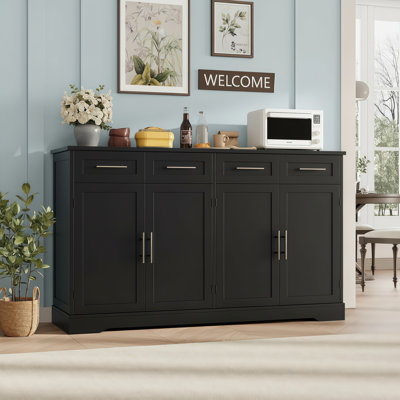 Black Sideboard With 4 Drawers And Storage Space, Modern Coffee Bar Design, Silver Handles, Suitable For Long Kitchens.