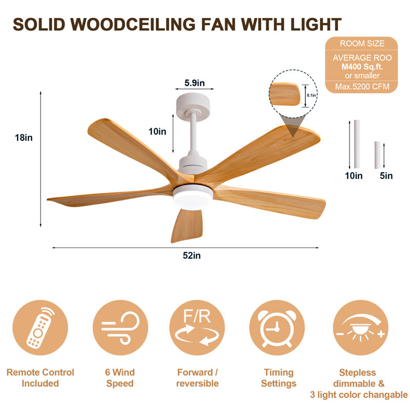 52 Inch Modern Ceiling Fan With 3 Color Dimmable 5 Solide Wood Blades Remote Control Reversible DC Motor With Led Light, Oak