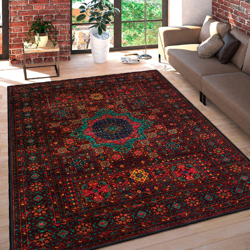 Premium 100% Cotton Area Rug, 31.5 x 47.2 Inches | Antibacterial, Non-Slip PVC Underside, 0.3 in Pile Height | Machine Washable, Durable Felt Base | Stylish Claret Red, Camel & Green Design for Home Decor