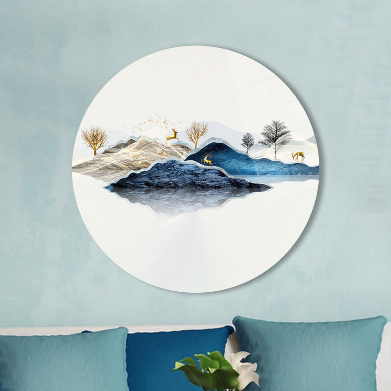 Art abstrait doré et montagnard imprimé sur verre trempé pour une décoration murale unique, H 19,7 po x l 19,7 po