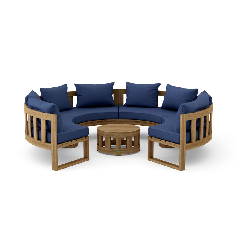 Ensemble de conversation d'extérieur circulaire en teck pour 8 personnes avec coussins, Toile bleu marine Sunbrella®