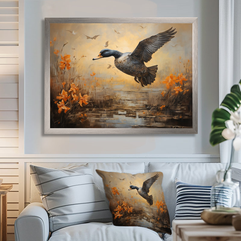 Art mural rétro, «Duck Flight At The Pond I», Cadre de coin blanc fermé, H 34 po x l 44 po x P 1,5 po