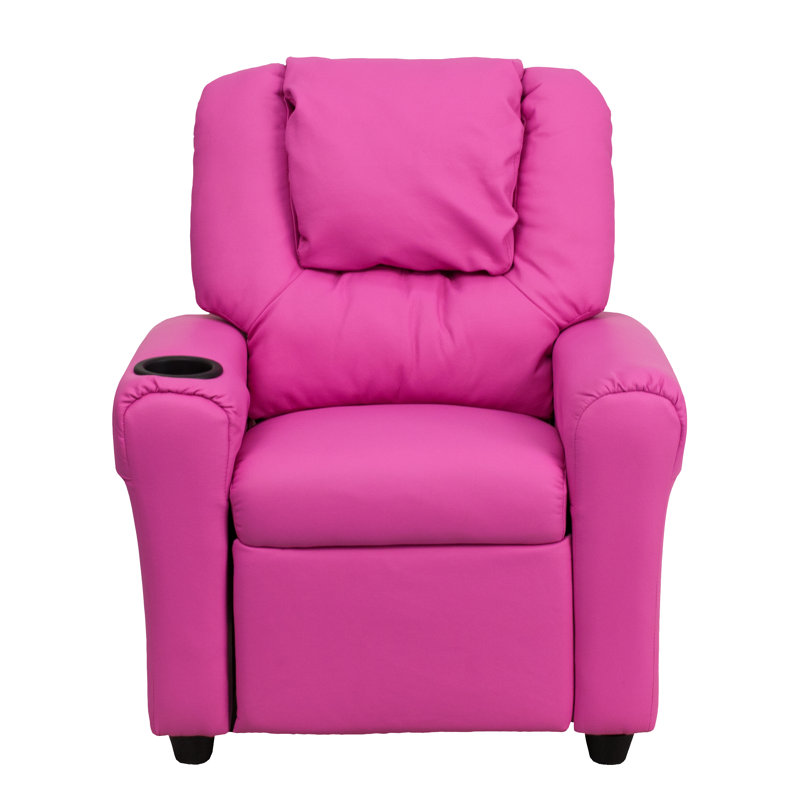 Contemporary Kids Recliner with Cup Holder and Headrest, Hot Pink