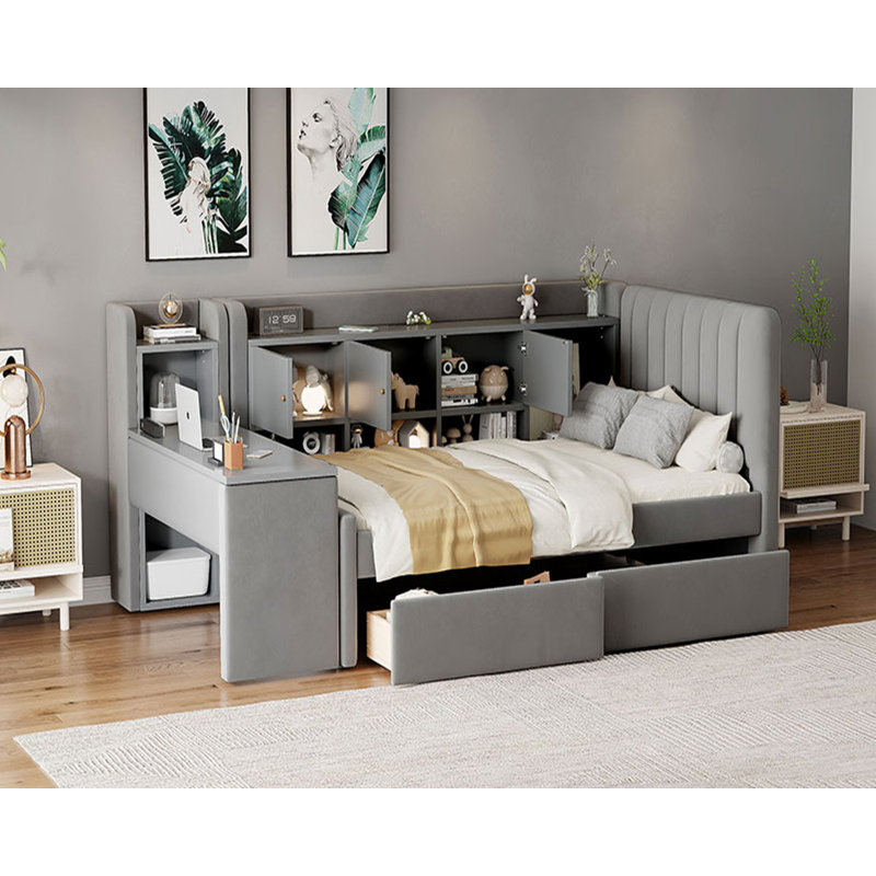 Upholstered Daybed With Flip-Top Cabinet And Side Table, Gray
