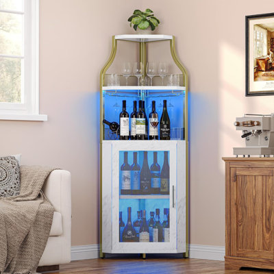 Armoire à vin de coin à 5 niveaux avec support et porte-verre, armoire de bar industrielle moderne pour la cuisine, le salon ou la salle à manger