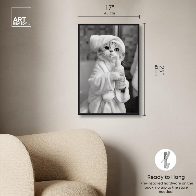 «Cat Bath Ready» par Art Remedy, H 25 po x l 17 po, Reproduction encadrée sans passe-partout, Noir, noir, noir, noir