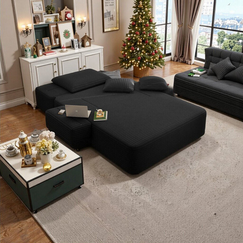 Chaise longue convertible en velours côtelé moelleux avec pochette de rangement et coussins, Black, 1