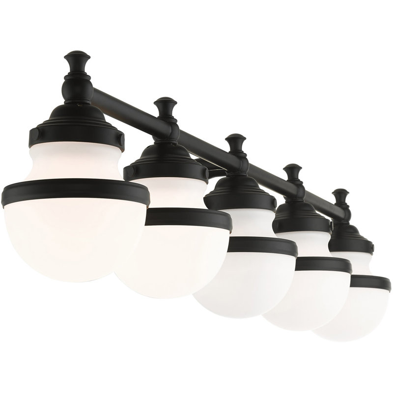 Superbe luminaire de meuble-lavabo de 42 po avec abat-jour en verre soufflé à la main - 5 lumières., Blanc, Noir