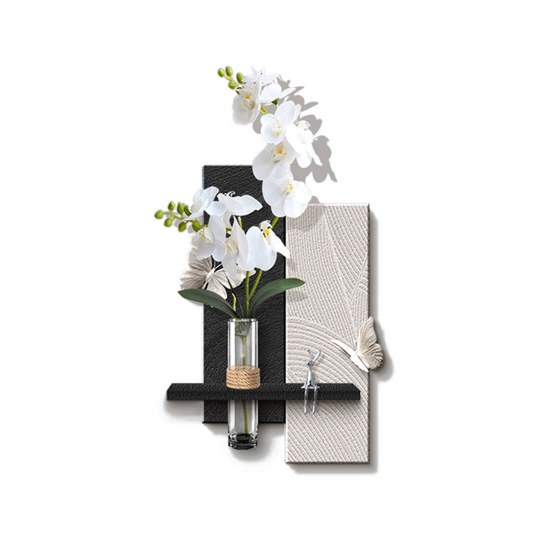 3D Textured Sandstone Wall Decor, Layered Abstract Wall Art with Floating Shelf, Glass Water Vase & Artificial Orchid Butterfly Accents