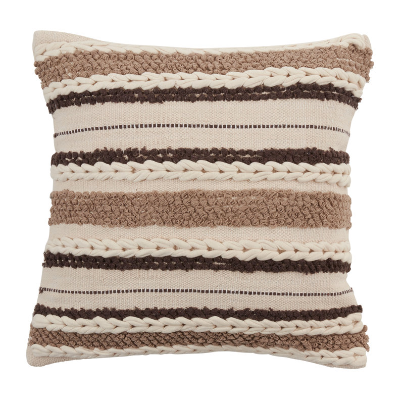 Ivory and Brown Striped Woven Cotton Throw Pillow