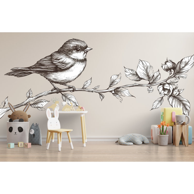 Adhésif décoratif oiseau sur une branche de fleur, art mural rétro chambre d'enfant, art mural amovible pour chambre d'enfant 111Mv
