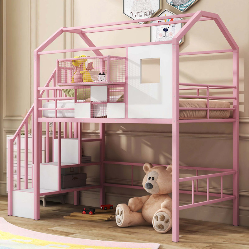 Lit mezzanine simple en métal avec toit en forme de maison et boîte de rangement externe pratique, rose, Rose
