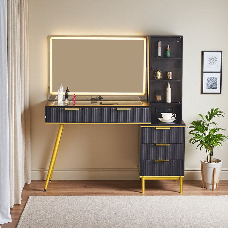 Bureau de meuble-lavabo avec miroir et lumières, bureau de maquillage avec prise de courant, bureau de maquillage avec 5 tiroirs et tablettes de rangement, coiffeuse 3 modes de couleurs lumineuses réglables pour coiffeuse