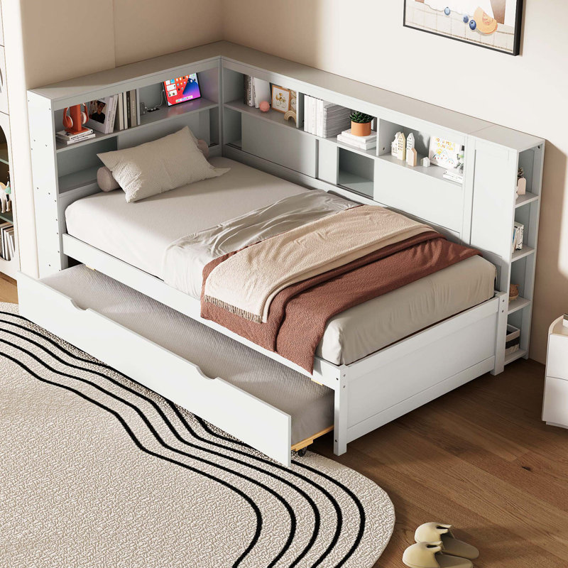 Lit de jour simple en bois avec tablettes de rangement, ports de chargement USB et couchette escamotable, blanc
