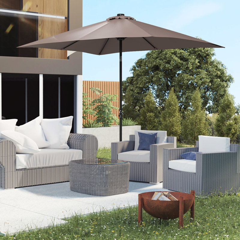Parasol solaire brun clair de 9 pi x 7 pi avec lumières DEL et fonction d'inclinaison, pour le bonheur extérieur - patio, jardin, terrasse, cour, piscine, plage et espace, 7 pi, réglages