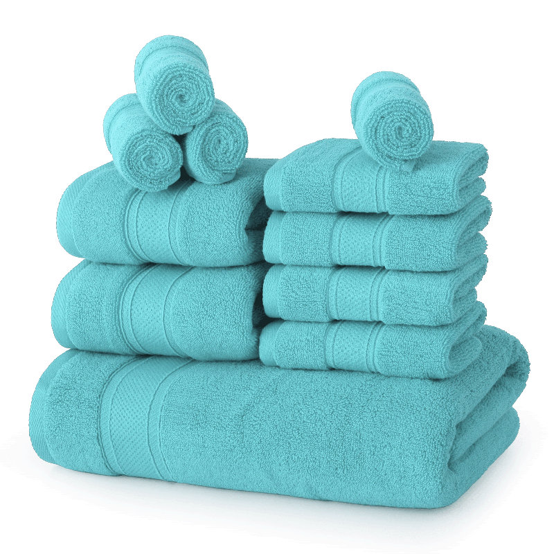 Kimmarie 11 Piece Cotton Towel Set, Bath Towel 27x54", 2 Hand Towels 16x28" and 8 Wash Cloths 12x12", Turquoise Blue