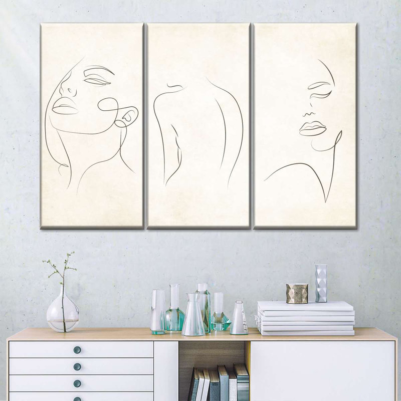 Portrait féminin, une ligne, femme sur toile, ensemble de 3 pièces, H 48 po x l 74 po x P 1,25 po