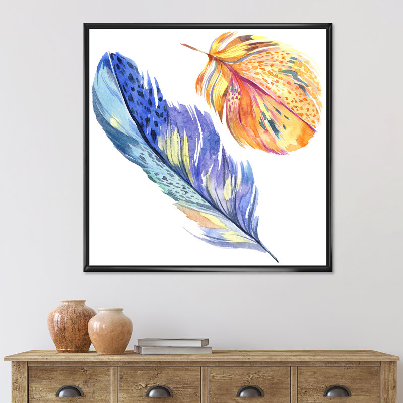 Oiseau bleu coloré, plume d'aile - peinture sur toile, H 30 po x l 30 po x P 1 po, Cadre noir