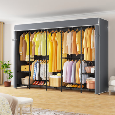 Extra Large Clothes Rack with Cover, Freestanding Portable Closet, Covered Clothing Racks for Hanging Clothes, Heavy Duty Garment Rack, Wardrobe Closet with Gray Cover Max Load 1350 Lbs