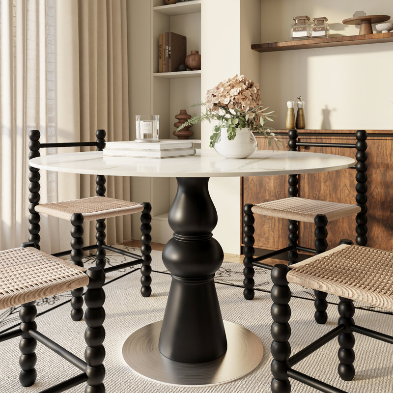 Table de salle à manger ronde 43 po, plateau en pierre frittée, base en bois massif, style victorien, finition brillante dans les sièges de cuisine 4