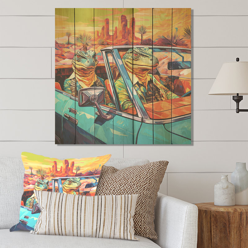 Reptile Riders Alligator And Lizards In Motion - Crocodile Animal On Wood Print, 15" H x 15" W