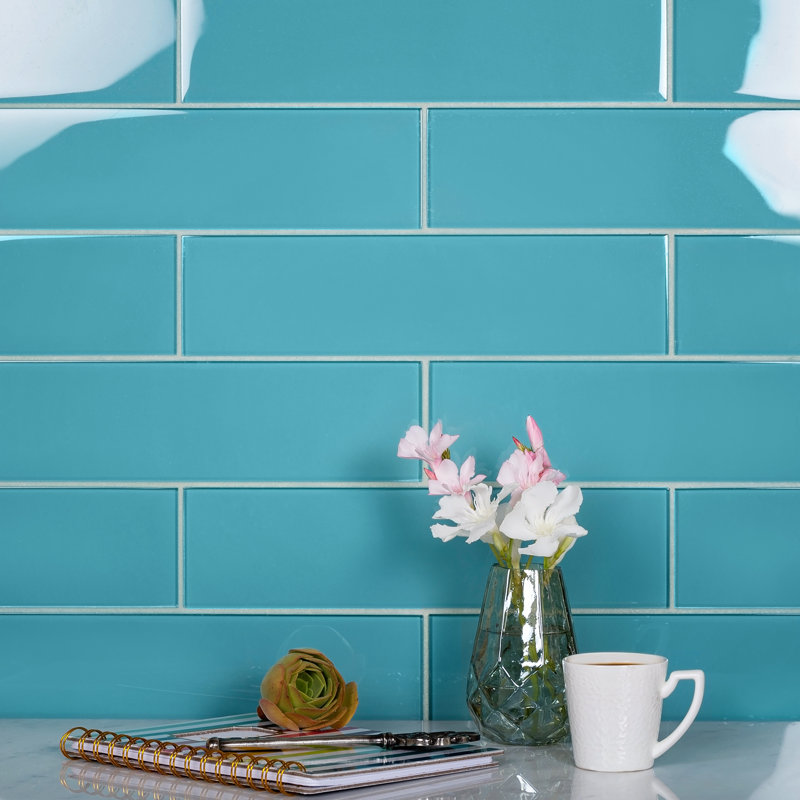 3'' x 12'' Glass Subway Wall Tile, Aqua