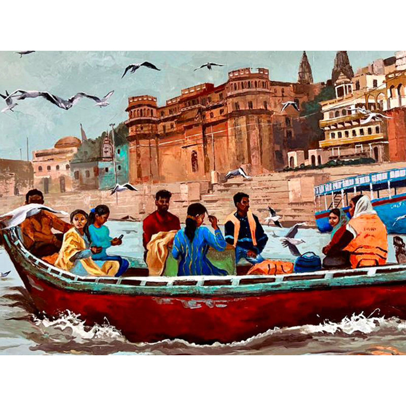 Acrylique sur toile Kashti on Varanasi River Bank | Art mural contemporain indien par Anukta Mukherjee Ghosh