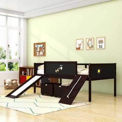 Lit mezzanine bas simple avec glissoire, tableaux noirs et boîtes de rangement