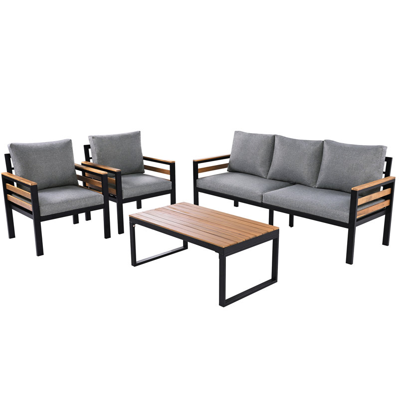 Ensemble de conversation de patio 4 pièces avec accents de bois d'acacia et coussins imperméables, Gris