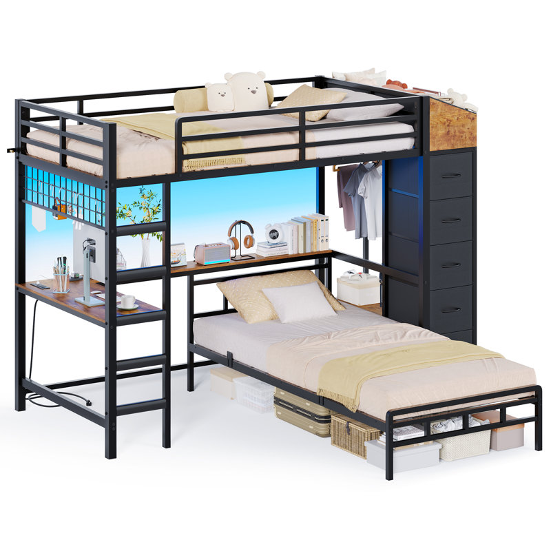 88.2 x 72.8 x 42'' L-Shape Twin Over Twin Bunk Bed with Desk & Hall Tree, Black